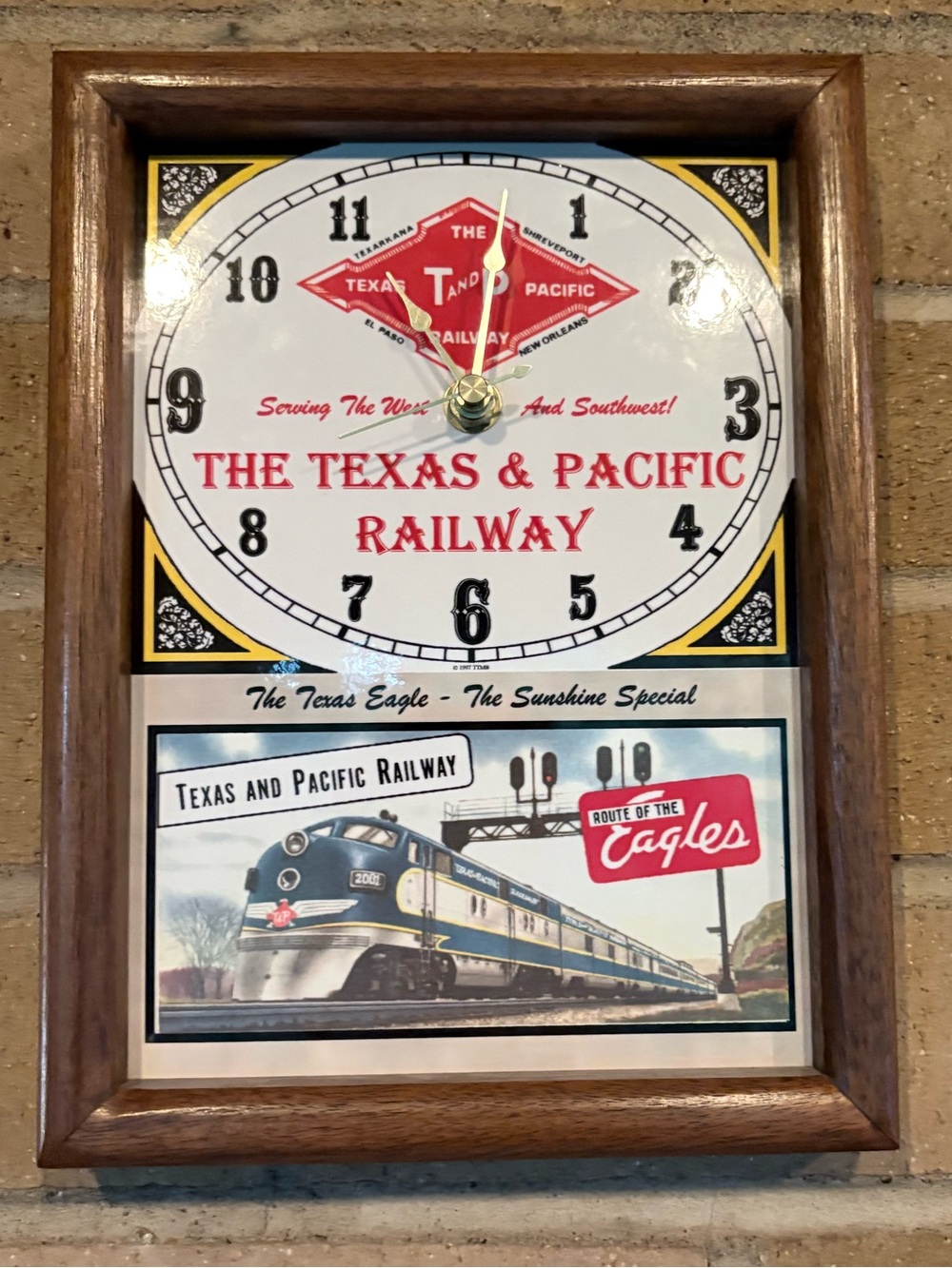 Texas & Pacific Railway Wall Clock Walnut Frame Quartz Railroad Decor Vintage
